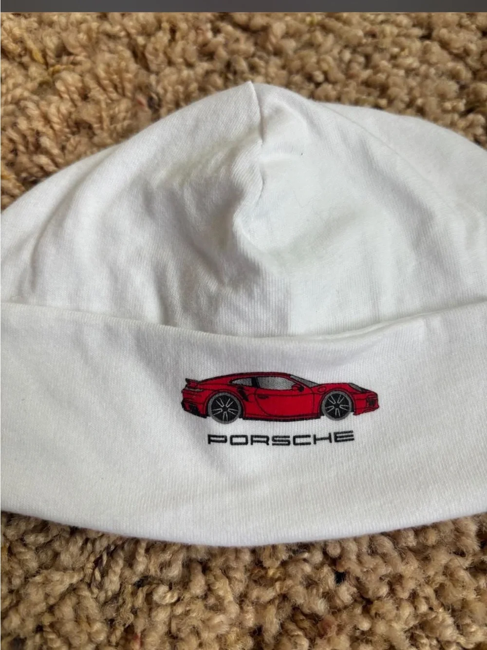 Baby White Beanie with Porsche Red Sports Car